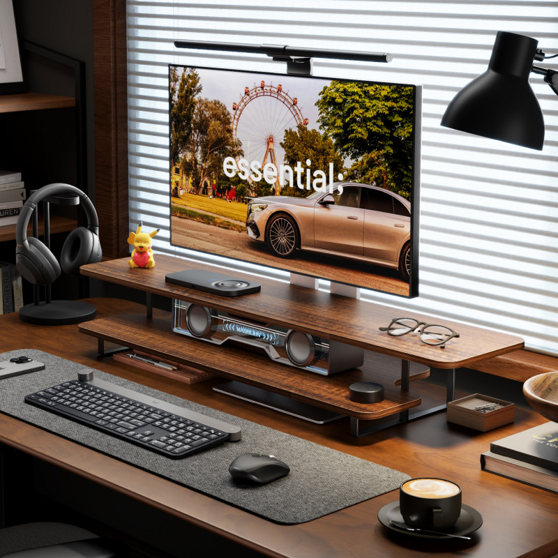 Walnut Finish Monitor Stand Ri - огляд і ціна Desk Setup For Laptop And Monitor