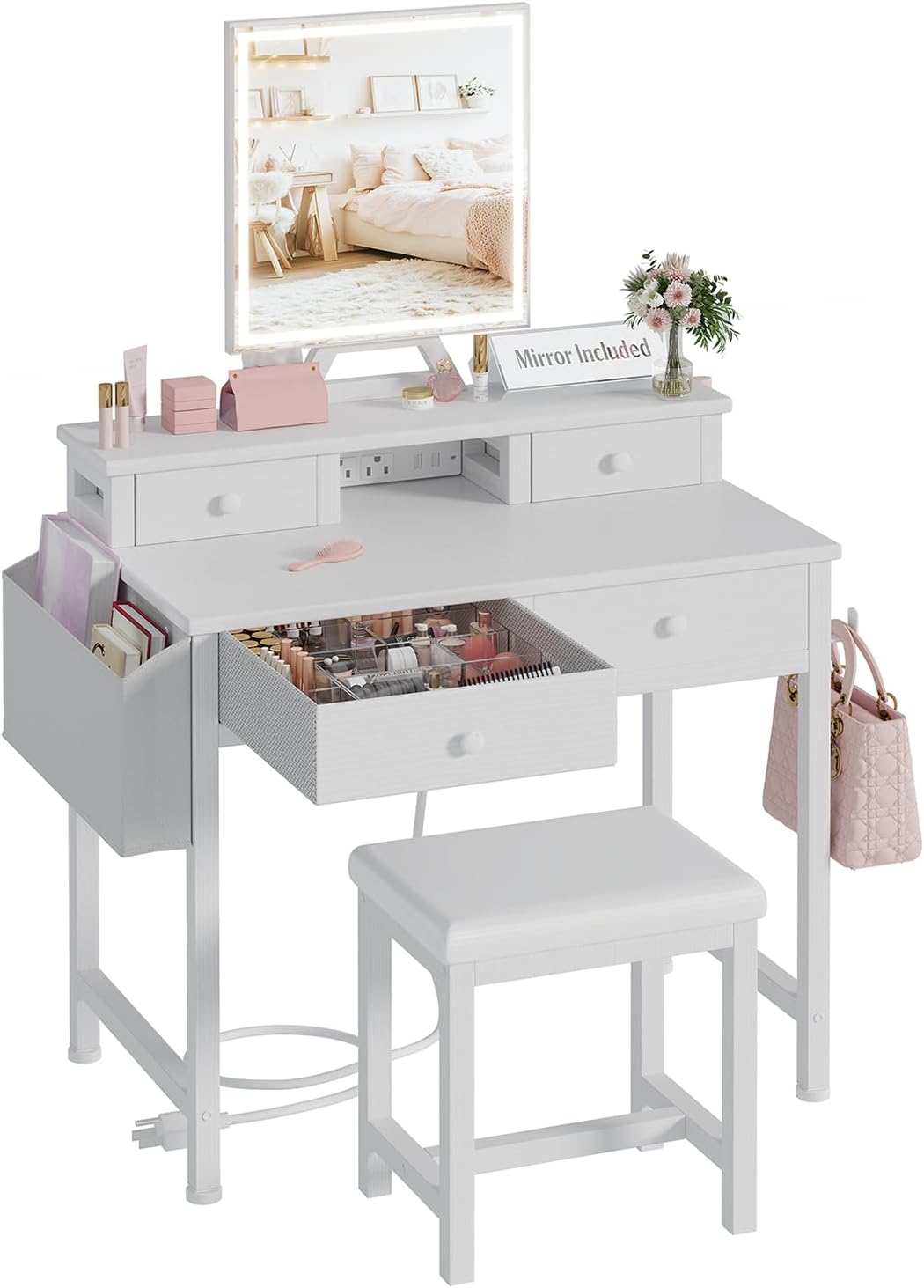 White Makeup Vanity Desk with  - огляд і ціна Desk Vanity Setup