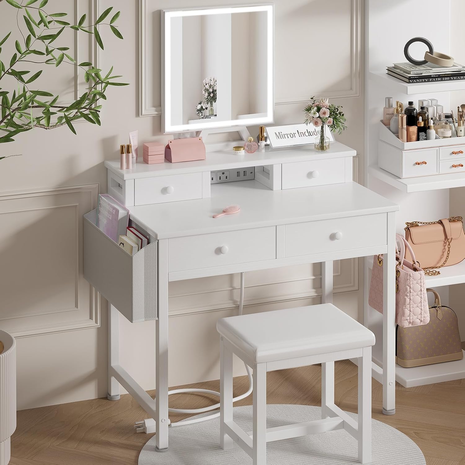 White Makeup Vanity Desk with  - огляд і ціна Desk Vanity Setup
