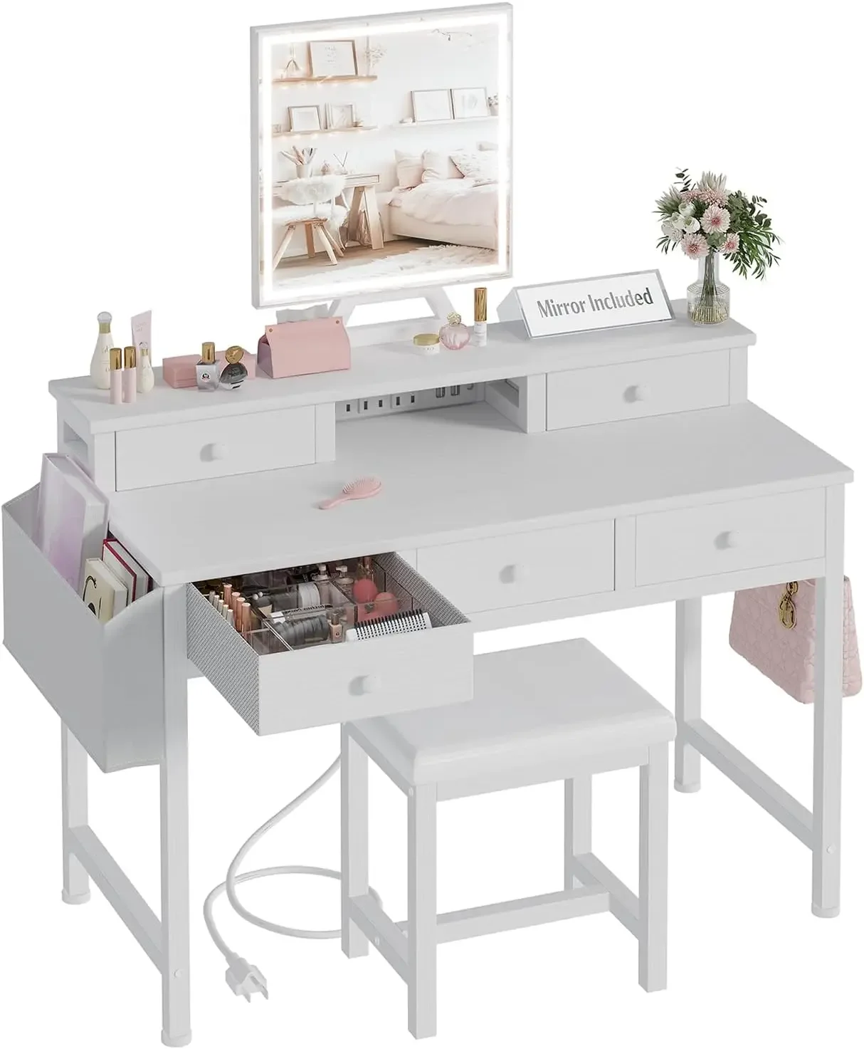 White Makeup Vanity Desk with  - огляд і ціна Desk Vanity Setup