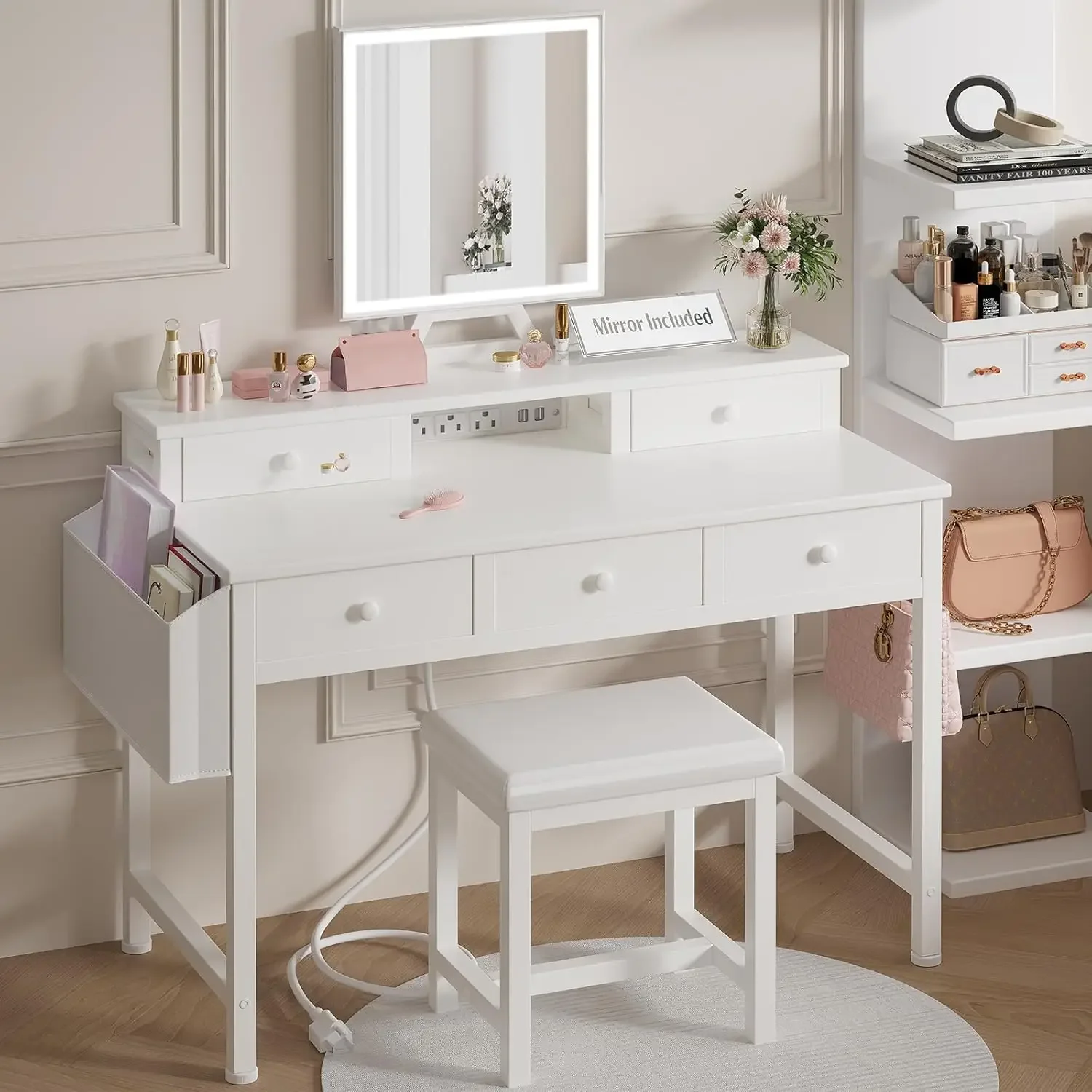 White Makeup Vanity Desk with  - огляд і ціна Desk Vanity Setup